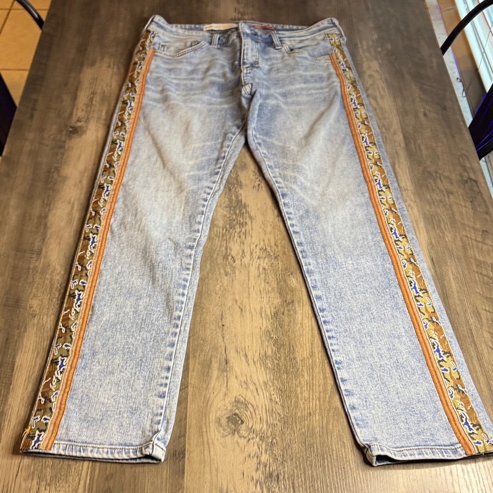 Anthropologie Pilcro Light Blue Straight Jeans with Embroidered Side Camo Trim - Picture 3 of 5